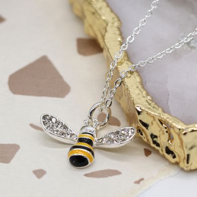 Silver Plated Enamelled Bee Necklace with Crystal Set Wings by Peace of Mind